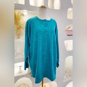 Vintage Teal Floral Embossed Long Sleeve Shirt with Top Buttons
